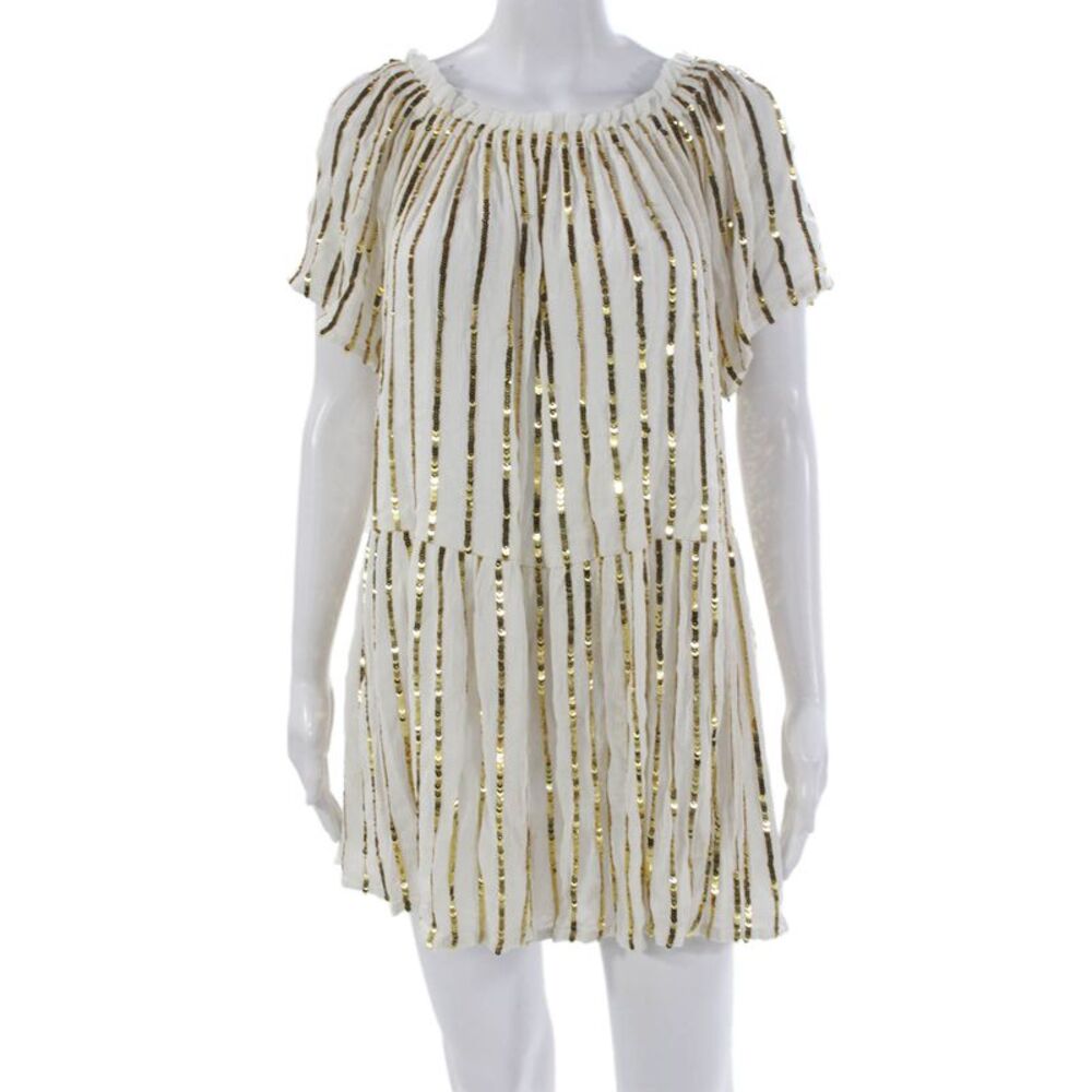 Sundress Women White Striped Boat Neck Short Sleeve Viscose Mini Size XS